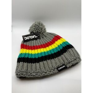 Cuglog Beanie Hat Pom Pom Gray Multicolor Stripe cable Knit Winter New with Tag